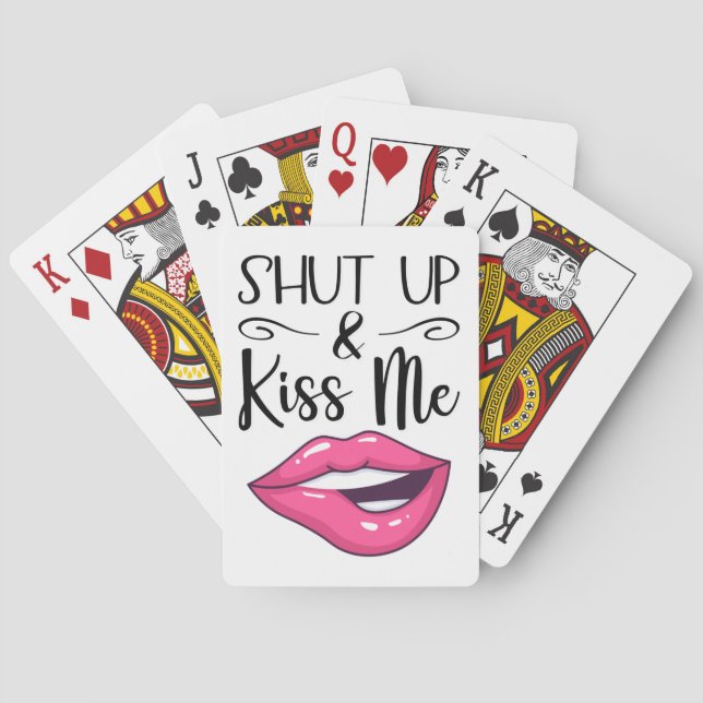 Magenta cartoon lips Shut up & kiss me white Poker Cards (Back)