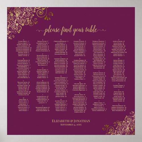 Magenta Cassis  Gold Alphabetical Seating Chart