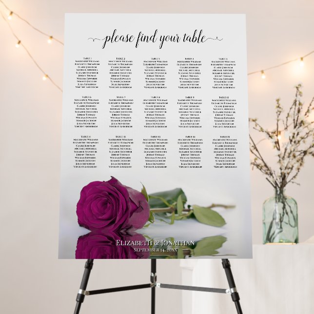 Magenta Cassis Rose 15 Table Wedding Seating Chart Foam Board (In Situ (Stand))