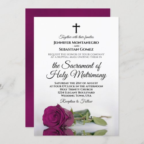 Magenta Cassis Rose Chic Modern Catholic Wedding Invitation