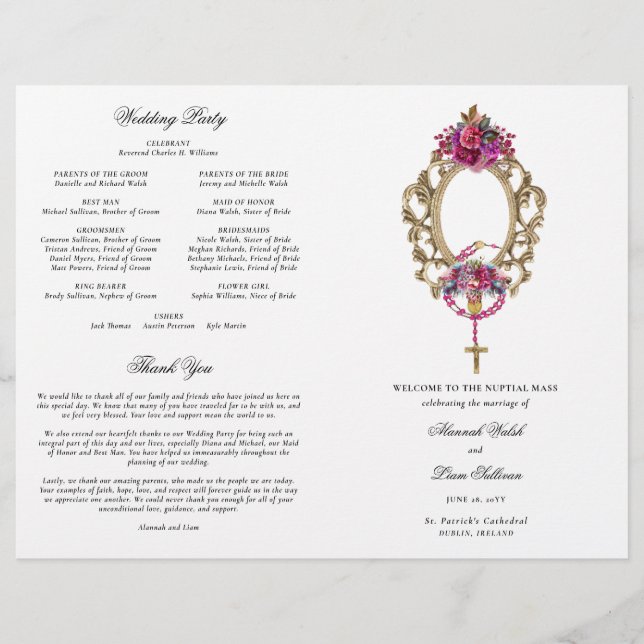 Magenta Catholic Wedding Mass Ceremony Program (Front)