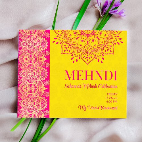 Magenta cerise bright yellow Mehndi budget invite