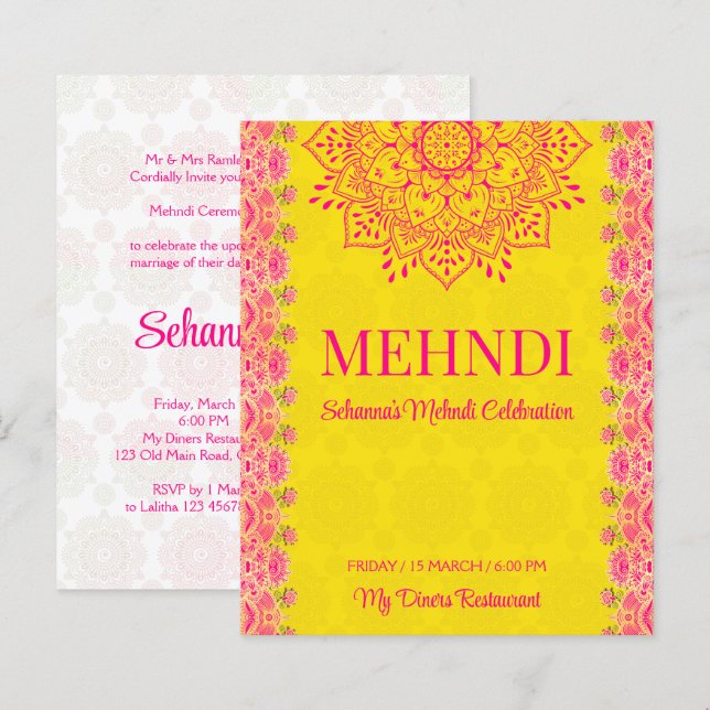 Magenta cerise bright yellow Mehndi budget invite (Front/Back)