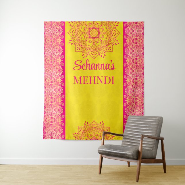 Magenta cerise bright yellow Mehndi photo backdrop (In Situ)