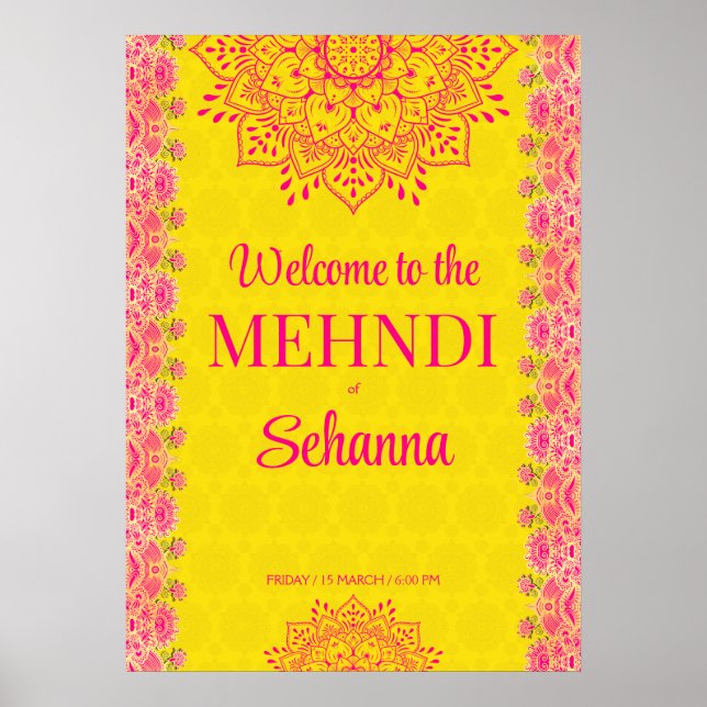 Magenta cerise bright yellow Mehndi welcome sign (Front)