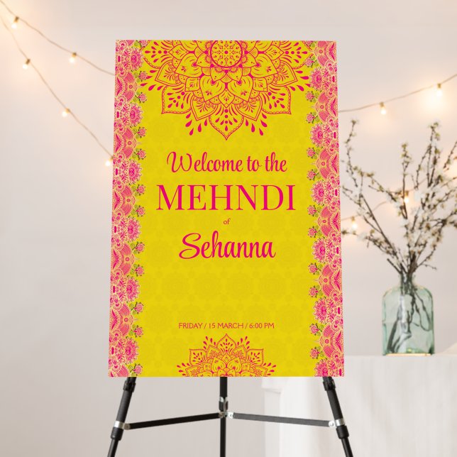 Magenta cerise bright yellow Mehndi welcome sign (In Situ (Stand))