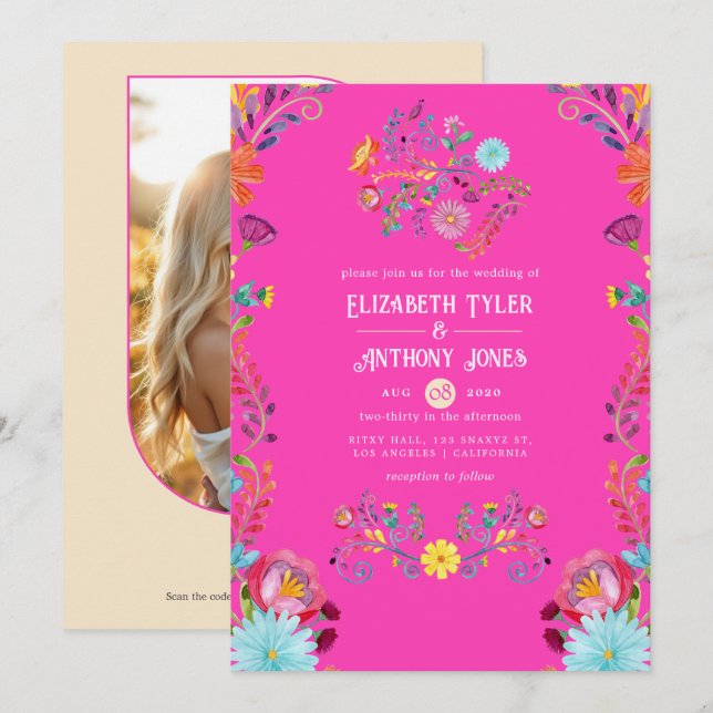 Magenta & Champagne Floral Mexican Fiesta Wedding Invitation (Front/Back)
