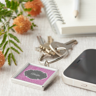 Magenta Chevron Personalized Button Keychain