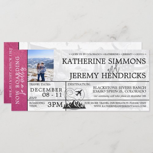 Magenta Colorado Wedding Boarding Pass Invite