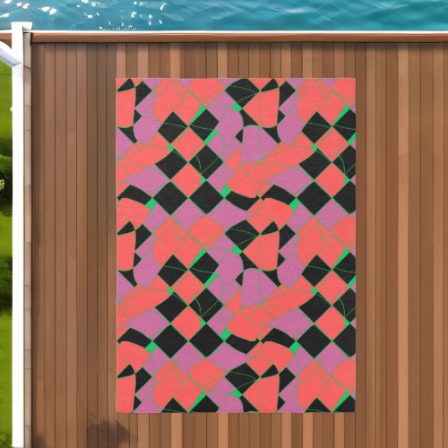 Magenta Coral Green Black Tangled Modern Checks Outdoor Rug