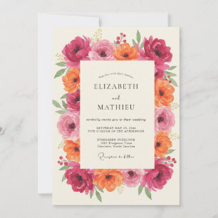 Magenta Coral Ranunculus Eucalyptus Wedding Invitation