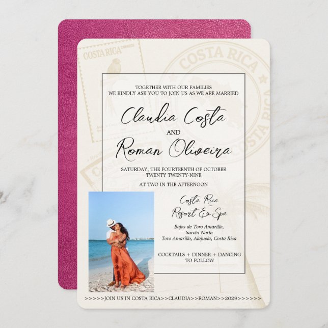 Magenta Costa Rica Passport Wedding Invitation (Front/Back)