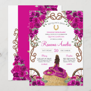 Magenta Country Western Hot Pink Rose Quinceañera Invitation