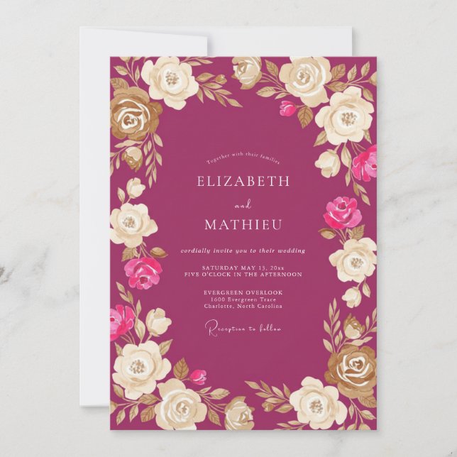 Magenta Cream Floral Wedding Invitation (Front)