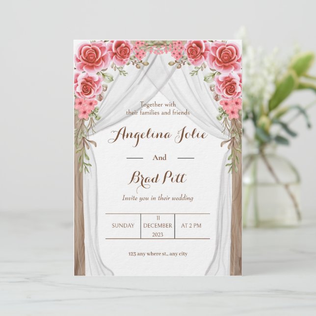 Magenta Curtain Floral Painting Wedding Invitation (Standing Front)
