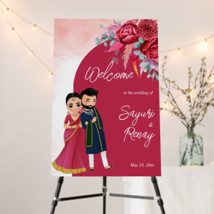 Magenta Cute Indian couple wedding welcome sign