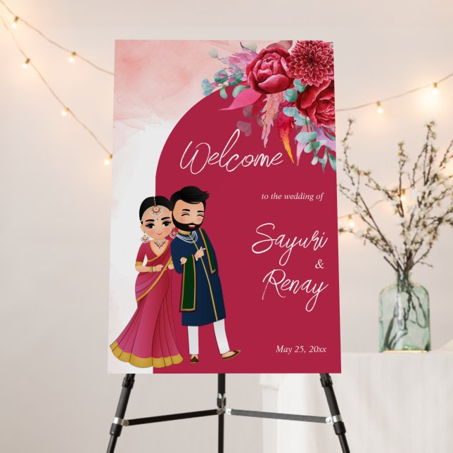 Magenta Cute Indian couple wedding welcome sign (In Situ (Stand))