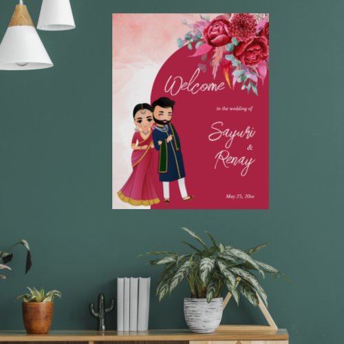 Magenta Cute Indian couple wedding welcome sign