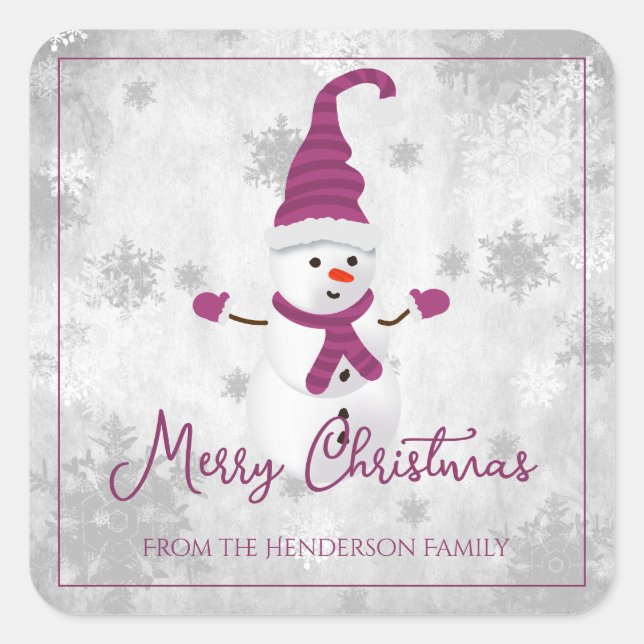 Magenta Cute Snowman Christmas Sticker (Front)