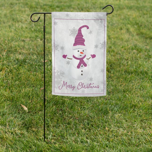 Magenta Cute Snowman Garden Flag (In SItu)