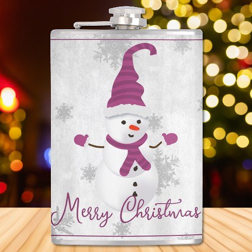 Magenta Cute Snowman Holiday Flask