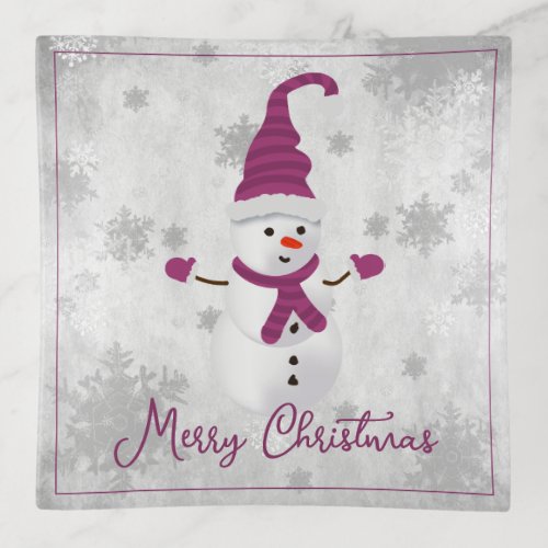 Magenta Cute Snowman Trinket Tray