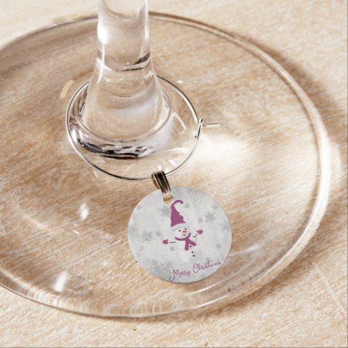 Magenta Cute Snowman Wine Charm