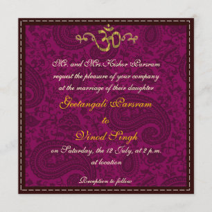 Magenta damask brocade Hindu wedding Invitation