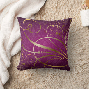 Magenta Damask Gold Swirls Flourishes Throw Pillow