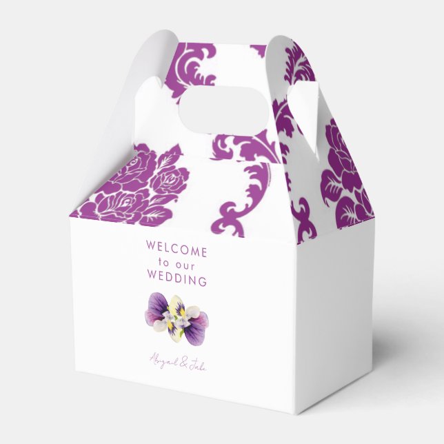 Magenta Damask Wedding Welcome  Favor Boxes (Front Side)