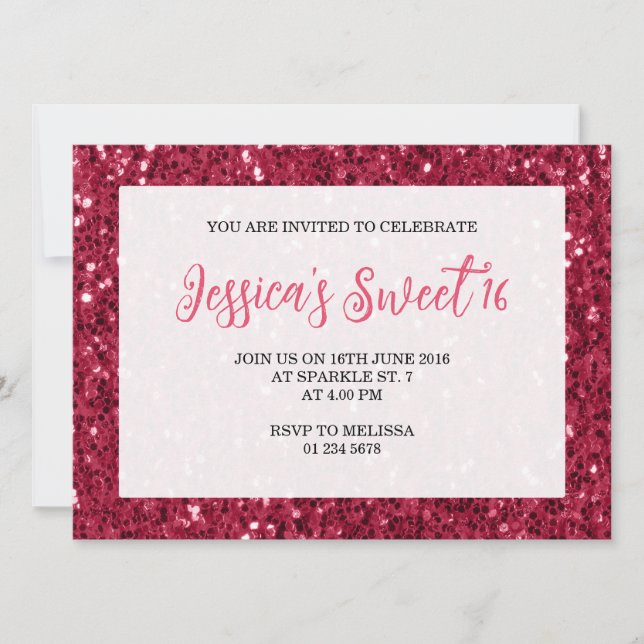 Magenta dark pink sparkles Sweet 16 elegant script Invitation (Front)