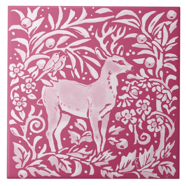 Magenta Deer Bird Animal Nature Woodland Floral Ceramic Tile (Front)