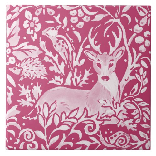 Magenta Deer Hedgehog Bird Nature Woodland Floral Ceramic Tile