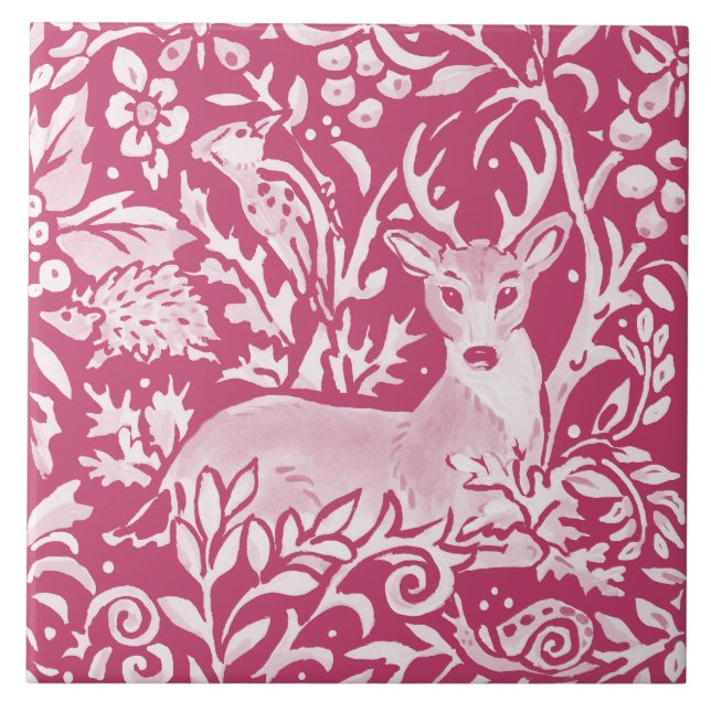 Magenta Deer Hedgehog Bird Nature Woodland Floral Ceramic Tile (Front)