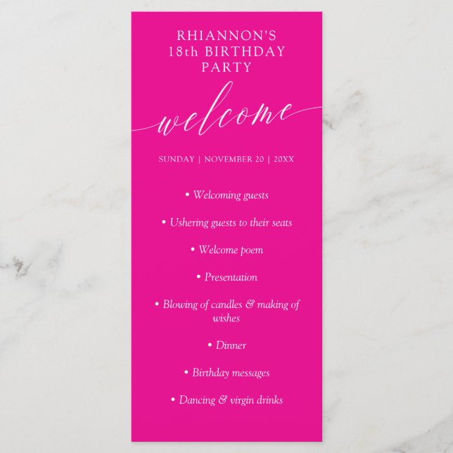 Magenta Delicate Calligraphy Birthday Party Program (Front)