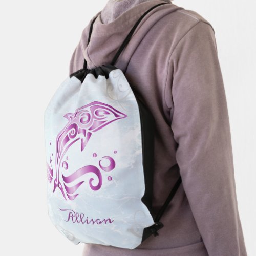 Magenta Dolphin Personalized Drawstring Bag