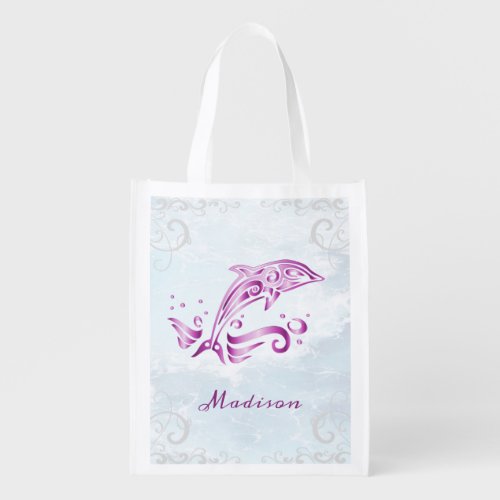 Magenta Dolphin Personalized Grocery Bag