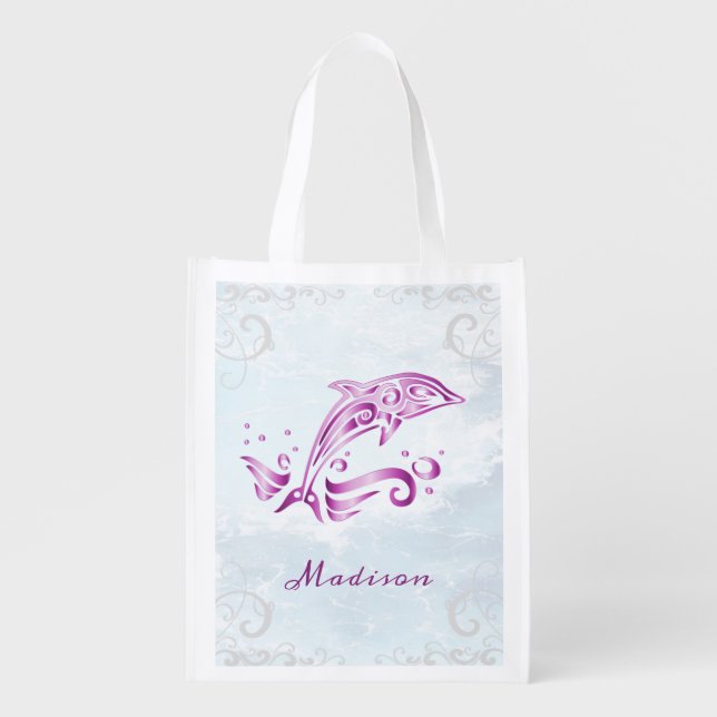 Magenta Dolphin Personalized Grocery Bag (Front)