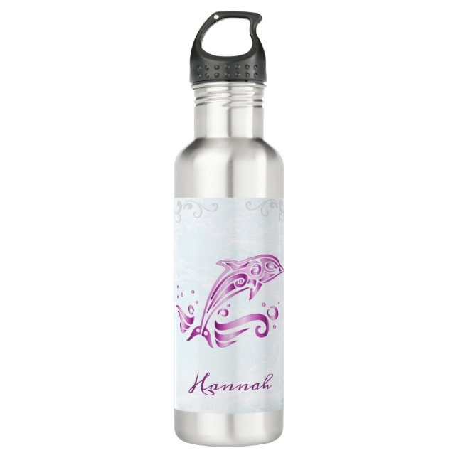 Magenta Dolphin Personalized Stainless Steel Water Bottle (Front)