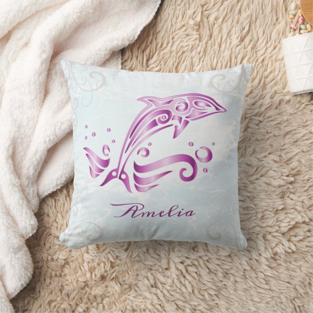Magenta Dolphin Personalized Throw Pillow (Blanket)