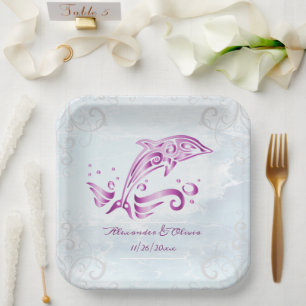 Magenta Dolphin Wedding Shower Paper Plate