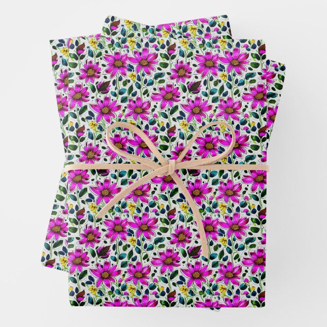 Magenta Doodle Flowers Wrapping Paper Sheets (In situ)