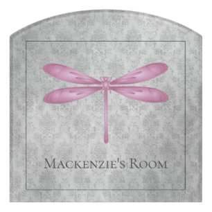 Magenta Dragonfly Damask Door Sign