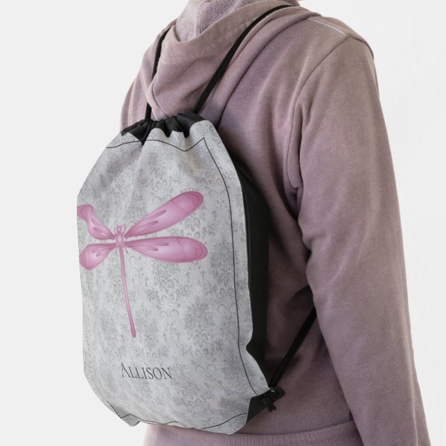 Magenta Dragonfly Damask Drawstring Bag (Insitu)