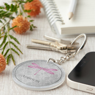 Magenta Dragonfly Damask Keychain