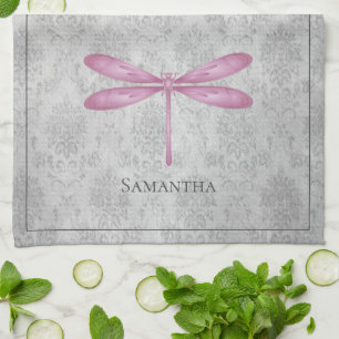 Magenta Dragonfly Damask Kitchen Towel
