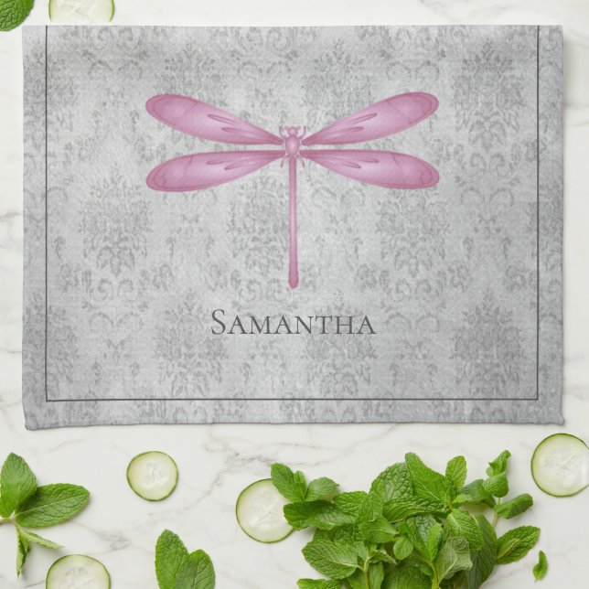 Magenta Dragonfly Damask Kitchen Towel (Folded)