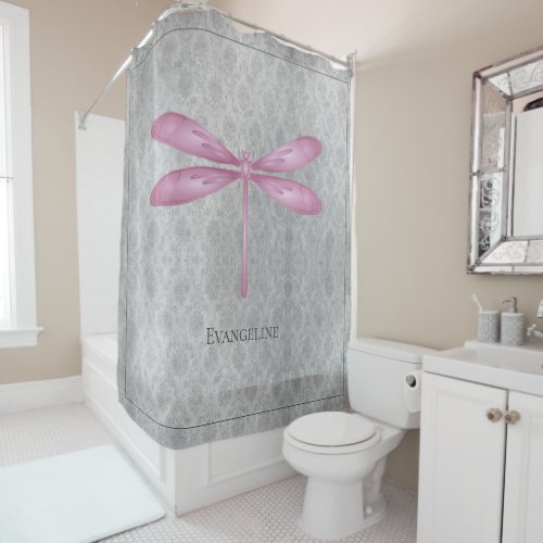 Magenta Dragonfly Damask Shower Curtain