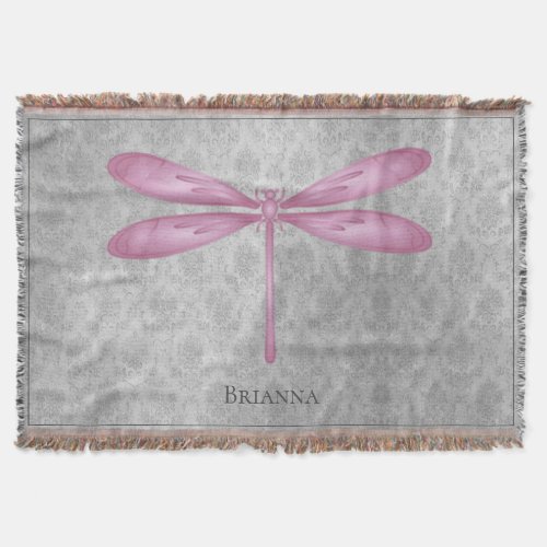 Magenta Dragonfly Damask Throw Blanket