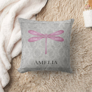 Magenta Dragonfly Damask Throw Pillow